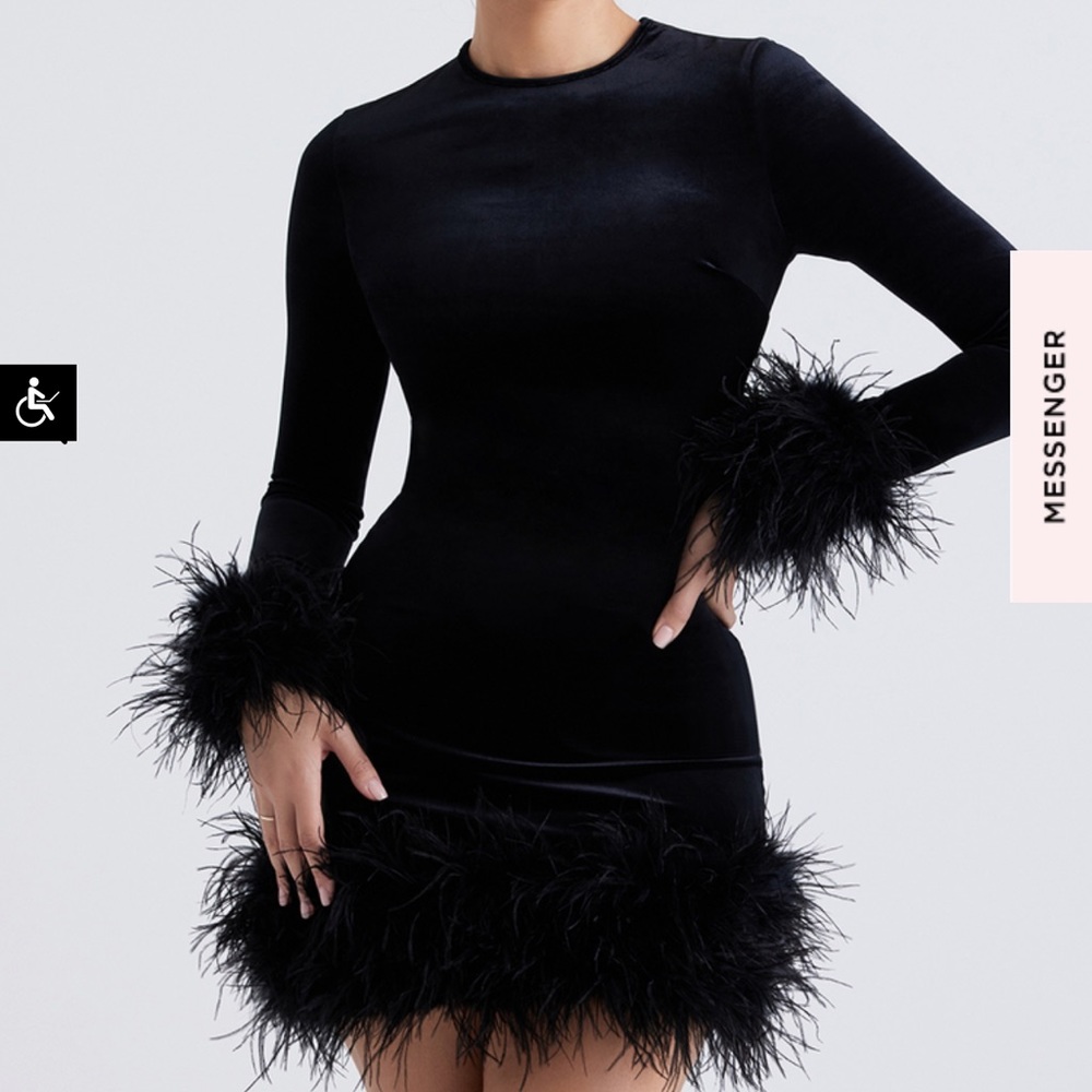 House of CB Black Velvet Mini Dress with Feather Trim